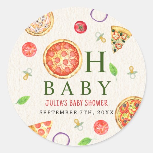 Sticker Rond Baby shower Oh Baby Pizza + Pacificateurs (Devant)