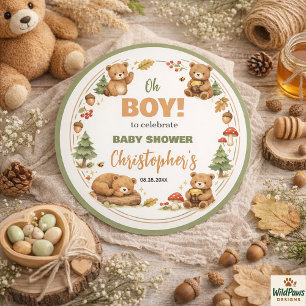 Sticker Rond Baby Shower Ours en aquarelle dans les bois