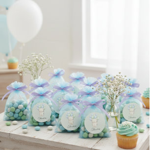 Sticker Rond Baby shower ours en peluche aquarelle bleue et ver