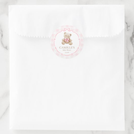 Sticker Rond Baby Shower Ours en Teddy Gingham Rose (Sac)