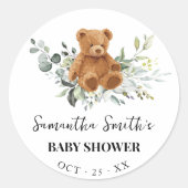 Sticker Rond Baby Shower Ours en Verdure Eucalyptus (Devant)