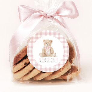 Sticker Rond Baby Shower Ours en Vichy Rose