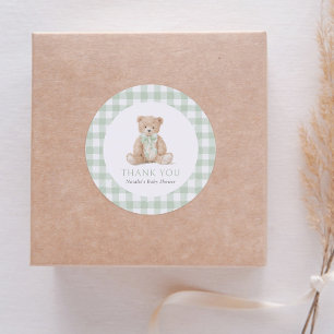 Sticker Rond Baby Shower Ours en Vichy Vert Sauge