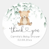 Sticker Rond Baby shower Ours mignon en bois vert (Devant)