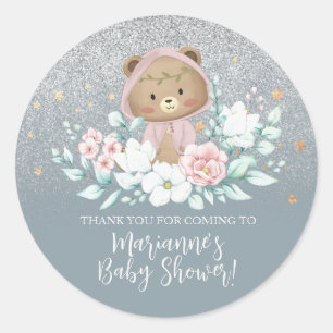 Sticker Rond Baby shower Ours Parties scintillant Florale Bleu
