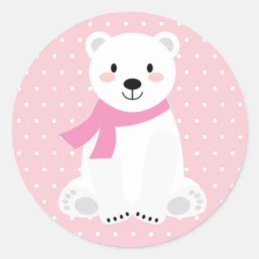 Sticker Rond Baby Shower Ours Polaire Fille Rose (Devant)