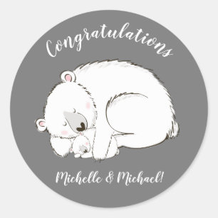 Sticker Rond Baby shower Ours polaire Hiver gris Sexe Neutre