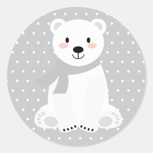 Sticker Rond Baby Shower Ours Polaire Mignon Gris (Devant)