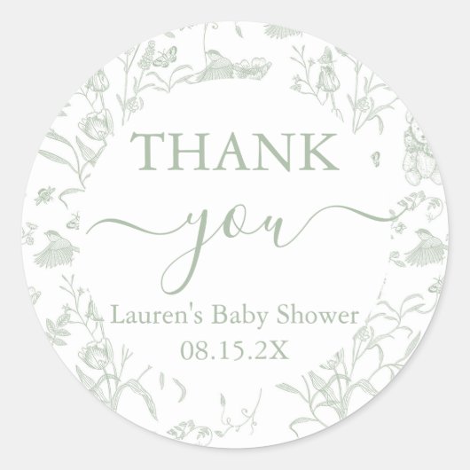 Sticker Rond Baby shower Ours Toile Sage (Devant)