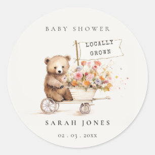 Sticker Rond Baby shower Panier Floral Teddy Cute Localement Cu