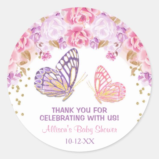 Sticker Rond Baby shower papillon autocollants, or rose violet (Devant)