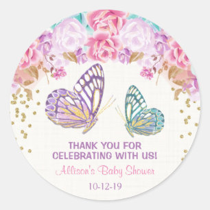 Sticker Rond Baby shower papillon autocollants, or turquoise ro