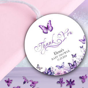 Sticker Rond Baby shower papillon Élégant violet Floral