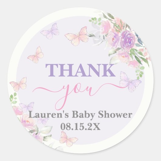 Sticker Rond Baby shower papillon Lilac fille (Devant)