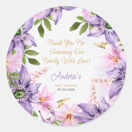 Sticker Rond Baby shower papillon pourpre (Devant)