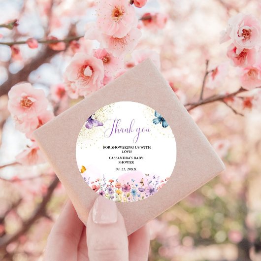Sticker Rond Baby shower papillon pourpre Baby