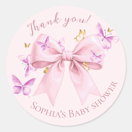 Sticker Rond Baby Shower Papillon Rose (Devant)