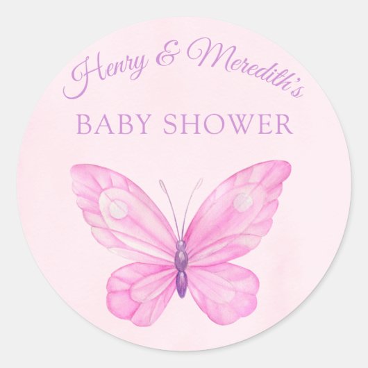 Sticker Rond Baby shower papillon rose et pourpre (Devant)