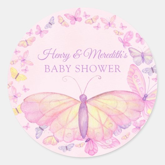 Sticker Rond Baby shower papillon rose et pourpre (Devant)