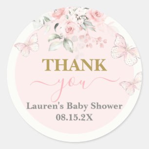 Sticker Rond Baby shower papillon rose fille