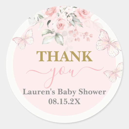 Sticker Rond Baby shower papillon rose fille (Devant)