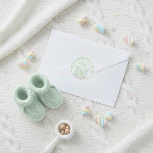 Sticker Rond Baby Shower Papillon Vert Menthe Marshmallow 