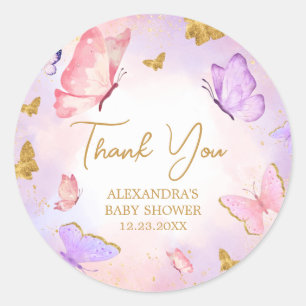 Sticker Rond Baby shower papillon violet rose or