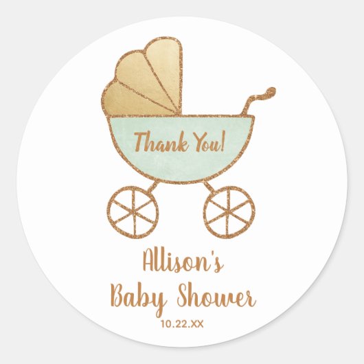 Sticker Rond Baby shower Pastel Green Retro Carriage Merci (Devant)