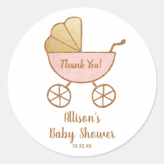 Sticker Rond Baby shower Pastel Pink Retro Carriage Merci (Devant)