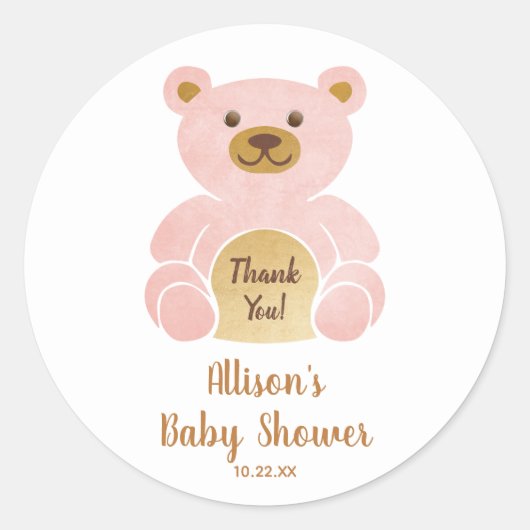 Sticker Rond Baby shower Pastel Pink Teddy Bear Merci (Devant)