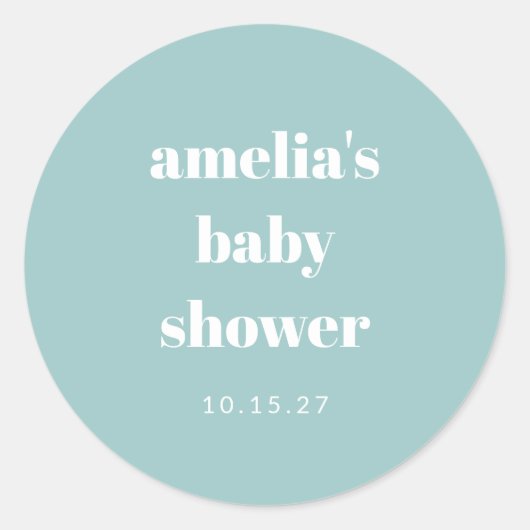 Sticker Rond Baby shower personnalisé Aqua Blue Minimalist (Devant)