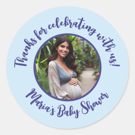 Sticker Rond Baby shower photo personnalisé Merci de script mod (Devant)