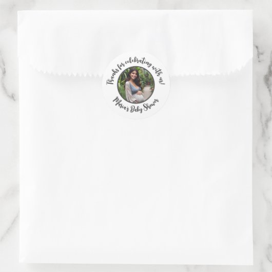 Sticker Rond Baby shower photo personnalisé Merci de script mod (Sac)