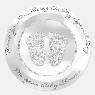Sticker Rond Baby shower Pieds Fille Nom Gris Gris Argent