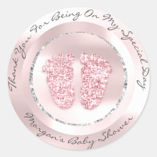 Sticker Rond Baby shower Pieds Fille Nom Merci Grey Rose rose