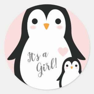 Sticker Rond Baby shower Pingouin mignon fille rose