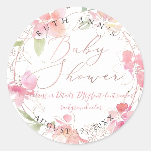 Sticker Rond Baby shower PixDezines, Aquarelle florale, Blush (Devant)