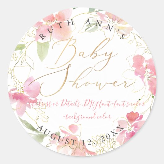 Sticker Rond Baby shower PixDezines, Aquarelle florale, Blush (Devant)