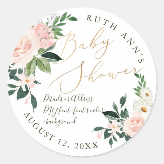 Sticker Rond Baby shower PixDezines, Aquarelle florale, Blush (Devant)