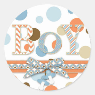 Sticker Rond Baby shower Pois bleu et orange