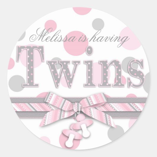 Sticker Rond Baby shower Pois Twins Pink & Grey (Devant)