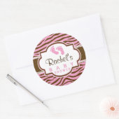 Sticker Rond Baby shower Poster de animal Brown, Pink Zebra Str (Enveloppe)