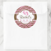 Sticker Rond Baby shower Poster de animal Brown, Pink Zebra Str (Sac)