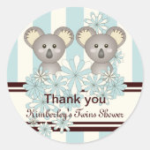 Sticker Rond Baby shower pour garçon Koala Twin / Merci d'anniv (Devant)