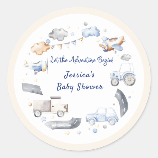 Sticker Rond Baby shower pour garçons de transport d'aventure (Devant)