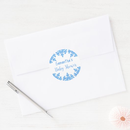 Sticker Rond Baby shower pour garçons d'hiver Blue Snowflake (Enveloppe)