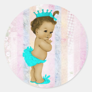 Sticker Rond Baby Shower Princesse Arc-en-ciel Pastel Vintage