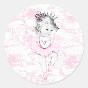 Sticker Rond Baby Shower Princesse Ballerine Rose Vintage