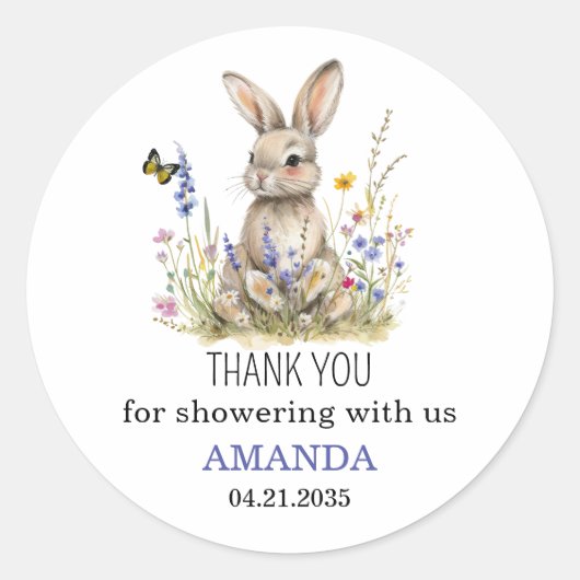 Sticker Rond Baby shower Quelques fleurs sauvages lapin autocol (Devant)