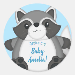 Sticker Rond Baby shower Raccoon bleu